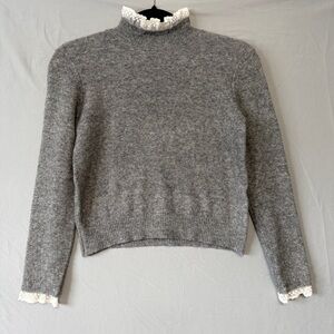 Zara Womens Mock Neck Lace Trim Knit Sweater Size S Grey Victorian Feminine 80s